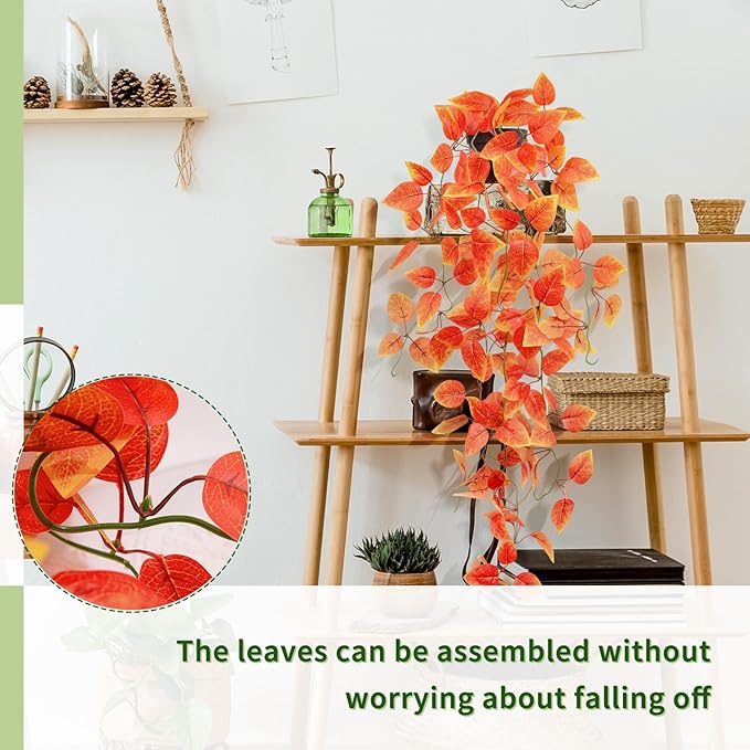 LOYWREE Small Artificial Plants Hanging Potted Fall Foliage - Orange Faux Ivy Vine & Pothos for Shelves. Ideal for Home, Office, Indoor & Outdoor Gardens (Black Pot)