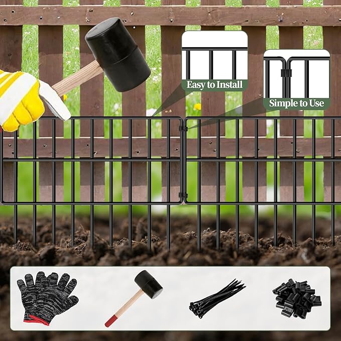 10 Panels Garden Animal Barrier Fence, 10.8ft(L) x 12in(H) No Dig Decorative Fence, 1.2in Spike Spacing Rustproof Metal Garden Fence Border for Dogs Rabbits, Bottom Blocker for Outdoor Yard Patio