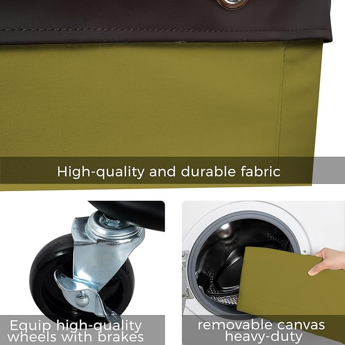 FLYBOX Laundry Hamper with Wheels, 160L Capacity, Steel Frame, Removable Canvas Bag, Dark Green