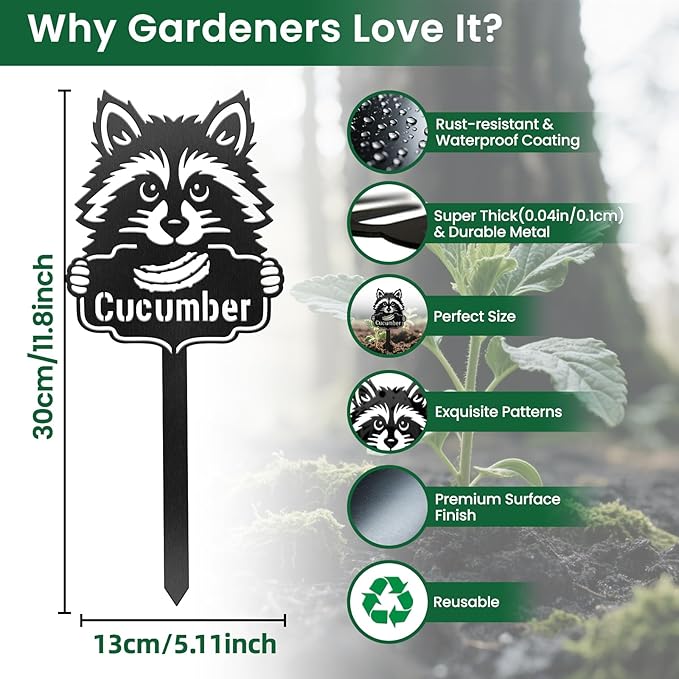 CUTHOLLOW Metal Plant Marker Stake Cucumber and Raccoon for Outdoor Indoor, Waterproof 11.8 inch Cute Garden Plant Labels Sign Tag for Vegetables, Farmhouse Greenhouse Decor - Funny Gardening Gifts