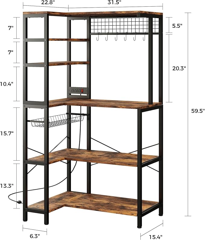 IRONCK Bakers Rack with Power Outlet, 5-Tier Corner Microwave Stand with Storage, Coffee Bar with 6 S-Shaped Hooks, Kitchen Shelves with Wire Basket