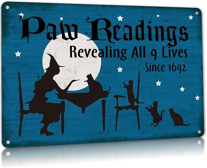 Halloween Decor Paw Readings 9 Lives Black Cats Withces Goth Decor Metal Sign Vintage Tin Sign Party Decoration 8X12 Inch