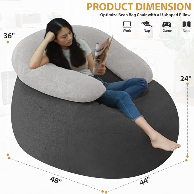 HABUTWAY Bean Bag Chair with U-Shaped Pillow for Adult and Kids Big BeanBag Chair with Filling Ultra Soft Teddy Fleece Couch Chair with Washable Cover for Living Room Bedroom, Dark Grey & Light Grey