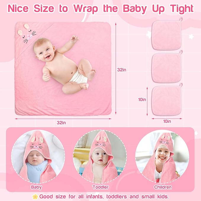 Sublaga 4 PCS Hooded Baby Towels, Absorbent Baby Bath Towel, Soft Baby Towels and 3 PCS Baby Washcloths for Newborns, Toddlers, and Kids, 32x32 in Baby Towel with Hood for Boy and Girl (Pink Kittens)