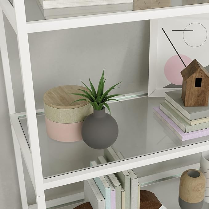 Sauder International Lux Book Shelf 5 Tier Modern Metal Multipurpose Bookcase with Glass Shelving, in White