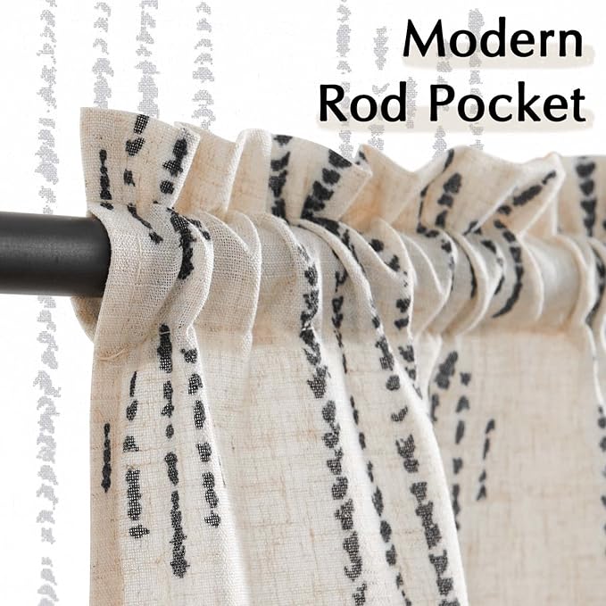 jinchan Boho Kitchen Curtains Linen Tier Curtains 36 Inches Bohemian Cafe Small Drapes Striped Mudcloth Farmhouse for Bathroom RV Camper Light Filtering Rod Pocket 2 Panels Black on Beige