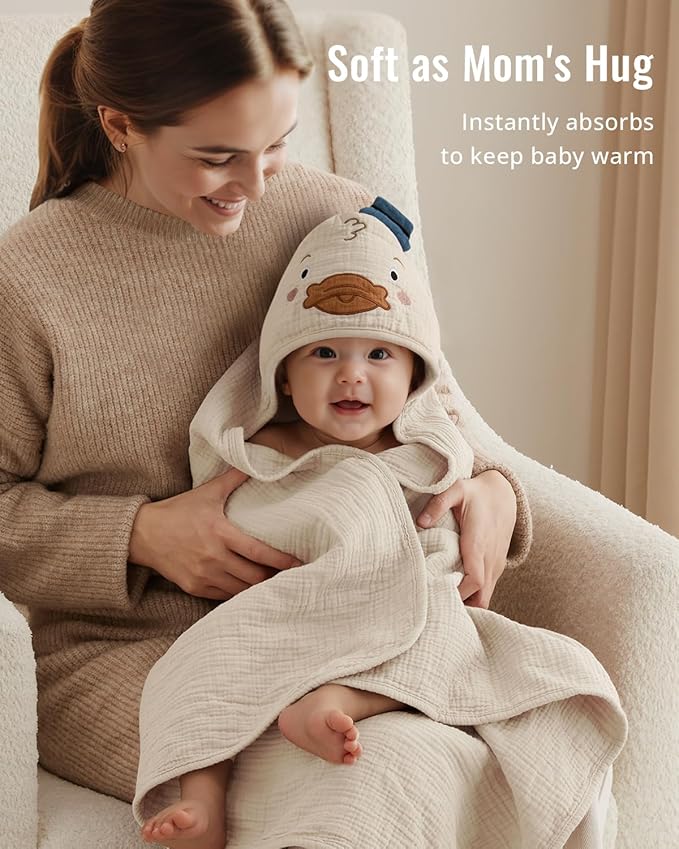 Blissful Diary Muslin Baby Hooded Towel 1 Pack, Soft & Absorbent Bath Towel for Infant, Toddler, Unisex, Baby Gift, Newborn Essentials, Dapper Duck
