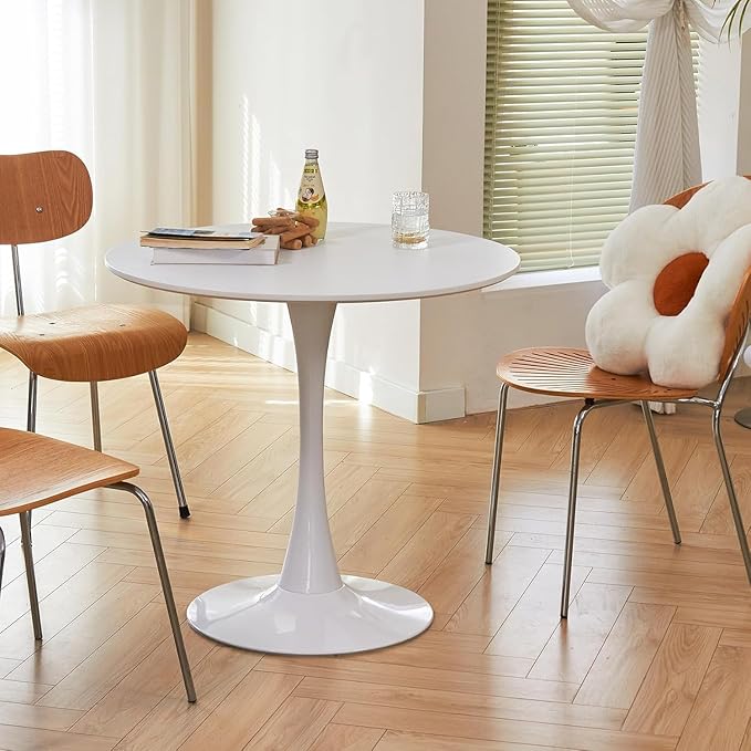 Round Dining Tulip Table for 4, Mid-Century Modern Table with Sturdy Metal Pedestal for Kitchen, Bistro, Cafe, Leisure (White, 31.5 INCH)