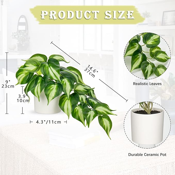 Hollyone Artificial Plants Potted Fake Plants in White Ceramic Pot Faux Pothos Plants Indoor for Home Living Room Shelf Office Aesthetic Decor
