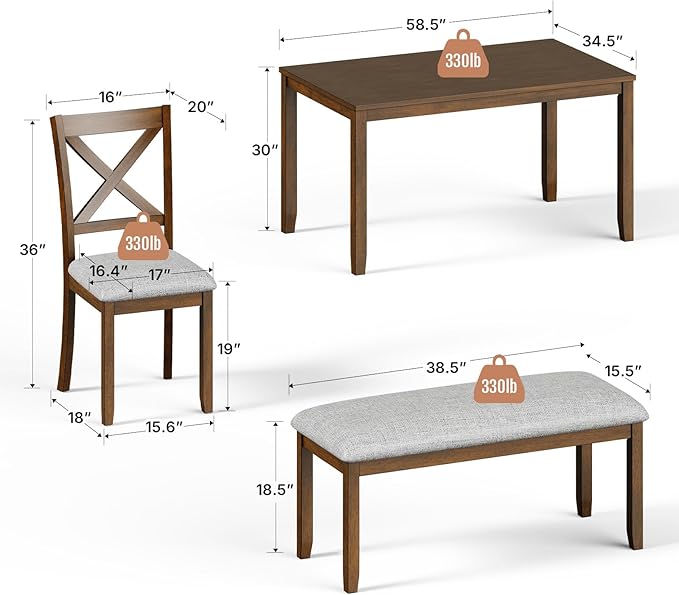 6-Piece Solid Wood Dining Table Set, Including 1 Dining Table, 4 Upholstered Chairs and 1 Bench, Wooden Dining Table Set for Kitchen, Dining Room, Walnut