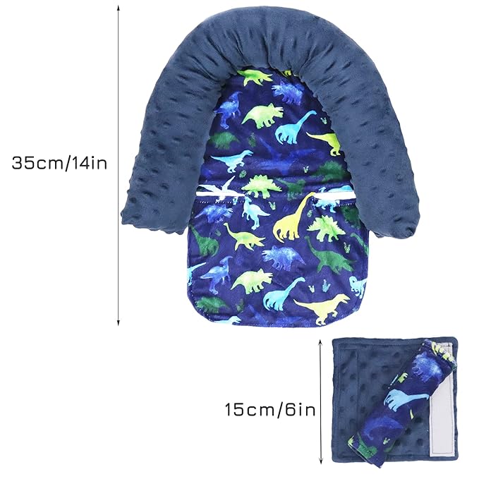 Baby Carseat Headrest and Strap Covers, Dinosaur Minky Infant Strollers Head Support & Seat Belt Cover, Toddler Strollers Headrest and Neck Cover, Car Accessories for Newborn Boys Girls