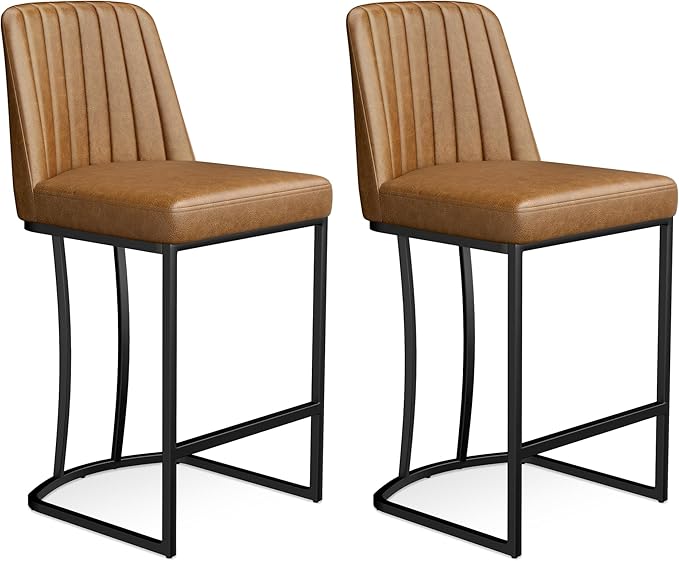 Bar Stools Set of 2, Faux Leather Counter Height Barstools, Upholstered Kitchen Counter Stools with Back and Stitching, 25.6" H Kitchen Island Stools Bar Chair, Metal Framed, Whisky Brown