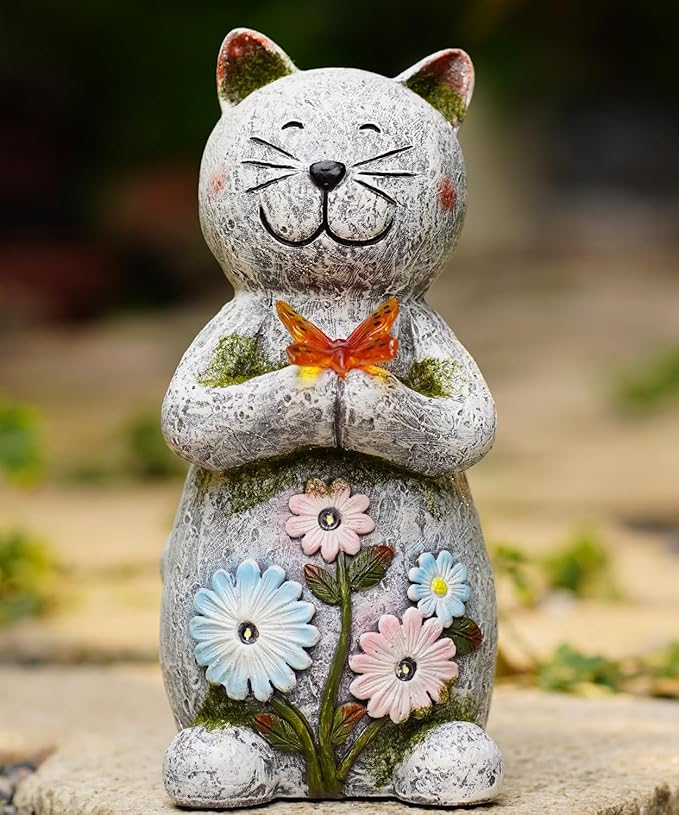 Solar Garden Statue Cat Figurine – Outdoor Decoration with Butterfly for Garden Yard Lawn Home Decor Outside : Unique Gifts for Mom Grandma