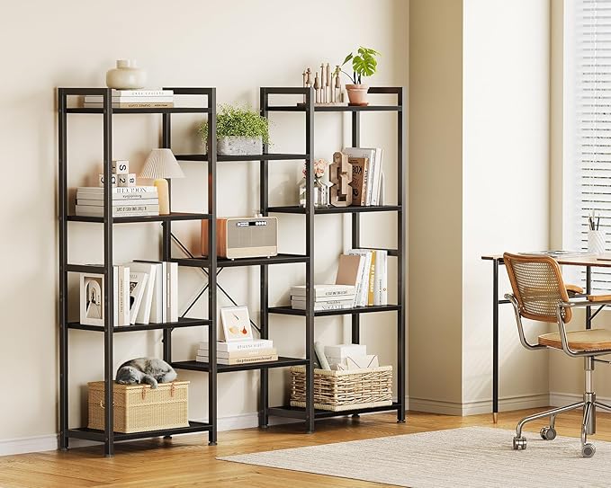 Casaottima Triple 4 Tier Bookshelf, Large Bookcase with 11 Open Display Shelves, Modern Industrial Book Shelves Book Case for Bedroom, Wide Standing Shelving Unit for Living Room Home Office, Black