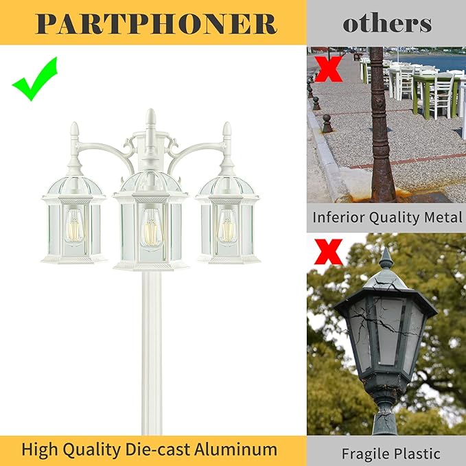 3-Head Outdoor Lamp Post Light Birdcage, Waterproof Outside White Street Light Pole with Clear Glass Shade for Yard, Garden, Patio, Path, Driveway