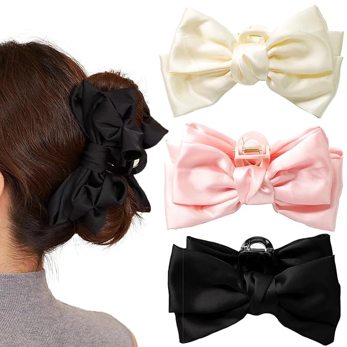 3 PCS Large Bow Hair Claw Clips Satin Bow Claw Clip for Women Girl with Long Thick Hair 5.9 inch Elegant Hair Ribbon Design for all types Big (Black+White+Pink)