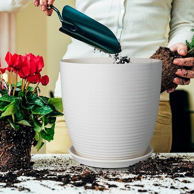 12 Inch Ceramic Planter Pot, Large Planter with Drainage Hole and Saucer Round Flower Pot for Indoor Outdoor Plants, White