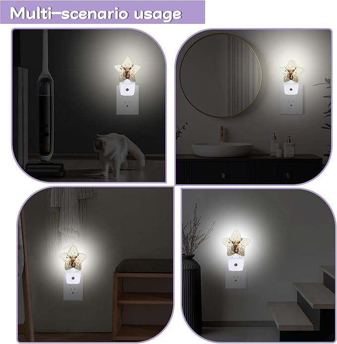 Highland Cow Nightlights Plug in Wall,Flower Butterfly Decorative Star Lamp with Automatic Lighting for Living Space,Gentle Glow for Kids Room,Hallway,Bathroom