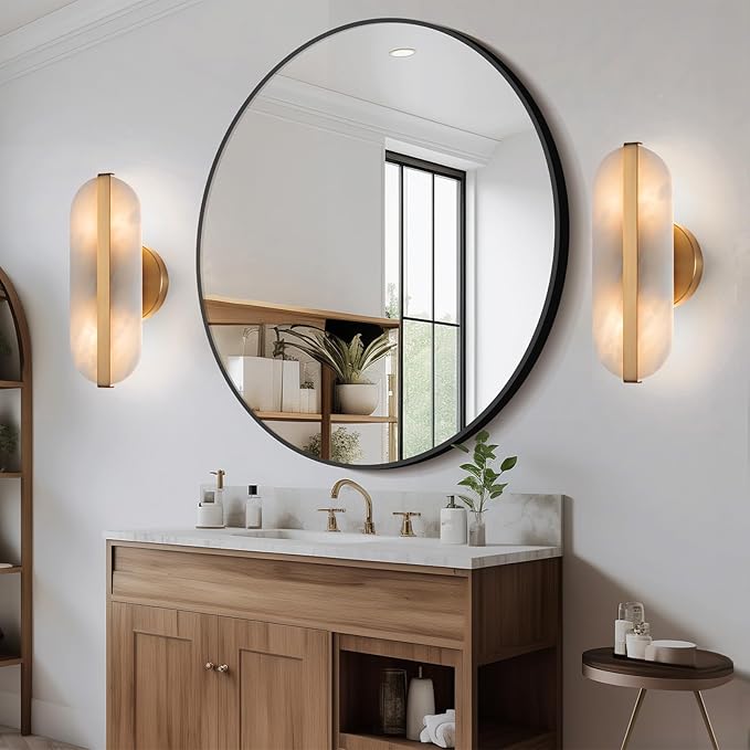 Natural Alabaster Wall Sconces Marble Wall Sconces Gold Bathroom Vanity Wall Light Fixture Stone Wall Lamp Modern Alabaster Sconces Wall Lighting for Bedroom Living Room Hallway Restaurant