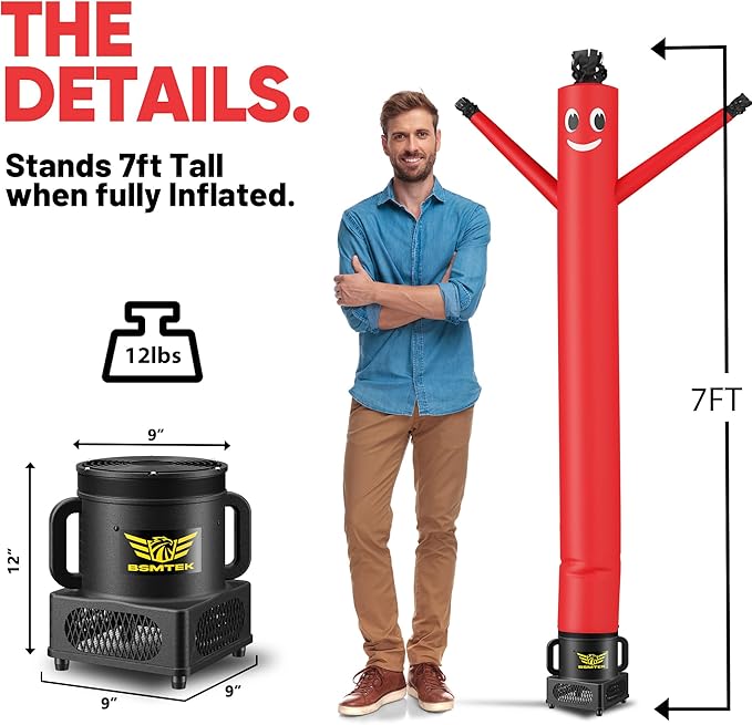 7FT Air Inflatable Waving Tube Man Set with Blower & Wheel, Air Puppet Dance Artist for Mall Opening, Amusement Park, Outdoor Decoration，Red