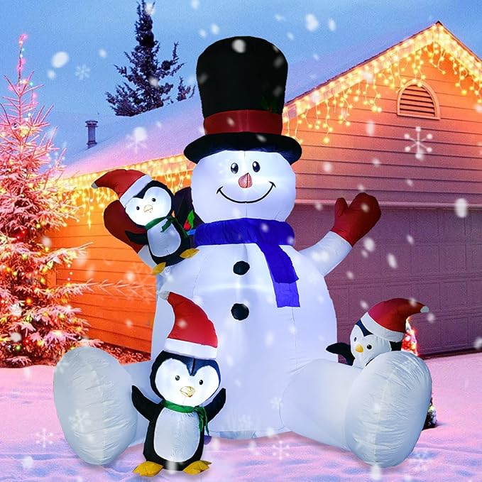 DearHouse 7Ft Lighted Christmas Inflatable Snowman with Three Cute Penguins, Building 3 LED Lights Outdoor Indoor Holiday Decorations Blow up Yard Inflatables Home Decor