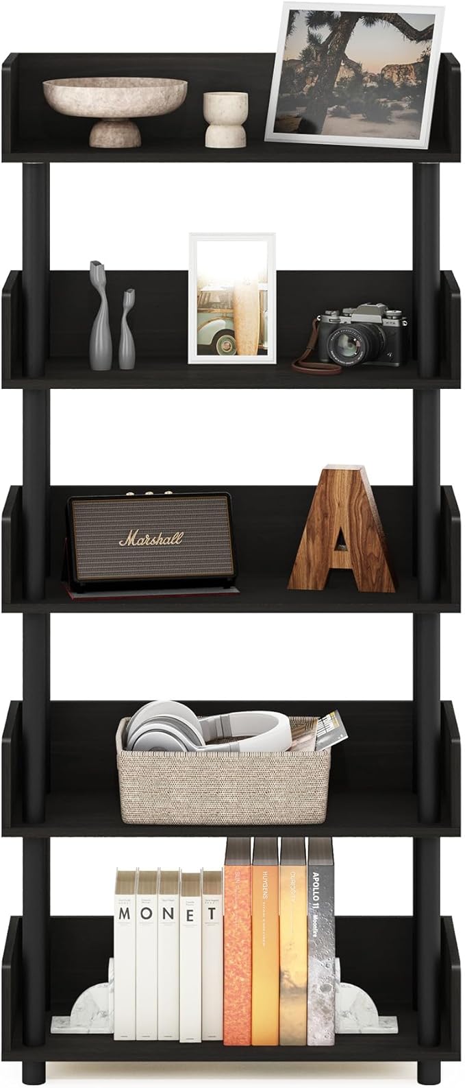 Furinno Turn-N-Tube 5-Tier Multipurposes Display Rack, Open Shelf Rack/Storage with Back & Side Panel, Espresso
