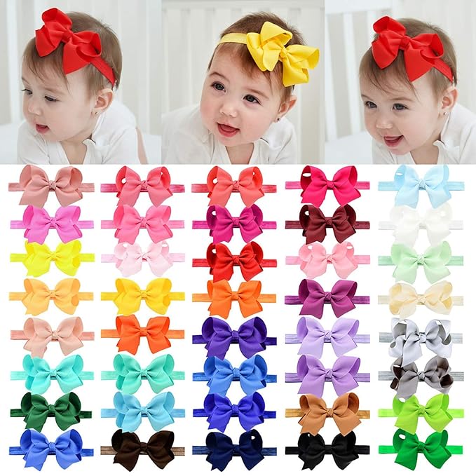 jollybows 40pcs Baby Girls Grosgrain Ribbon Hair Bows Headbands 4" Elastic Hair Band Hair Accessories for Infants Newborn- Natural Color Set