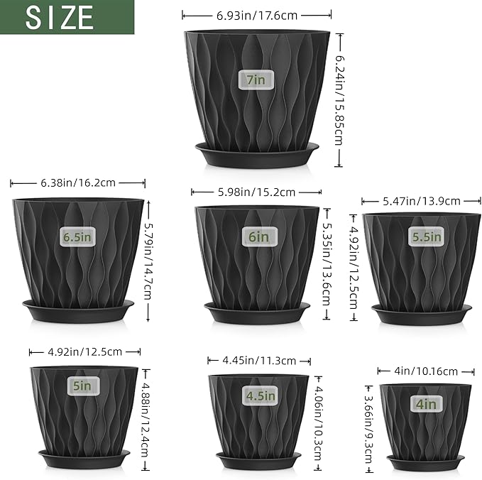 4/4.5/5/5.5/6/6.5/7 Inch Plant Pots,7 Pack Flower Pots with Drainage Holes and Trays,Plastic Planters for Indoor Outdoor Plants Growth,Black