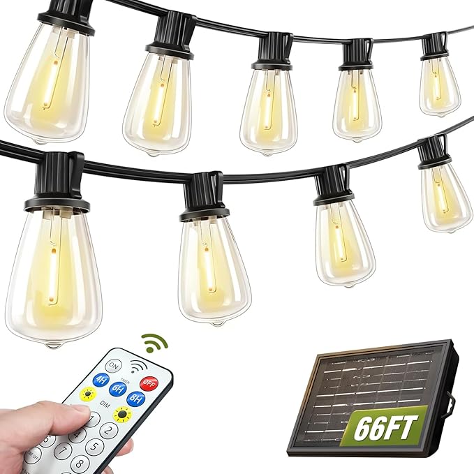 Solar String Lights Outdoor Waterproof with Remote & Timer, LED Shatterproof ST38 Bulbs, USB & Solar Powered Patio Lights for Backyard, Porch, Garden, Wedding, Christmas Decor (66FT)