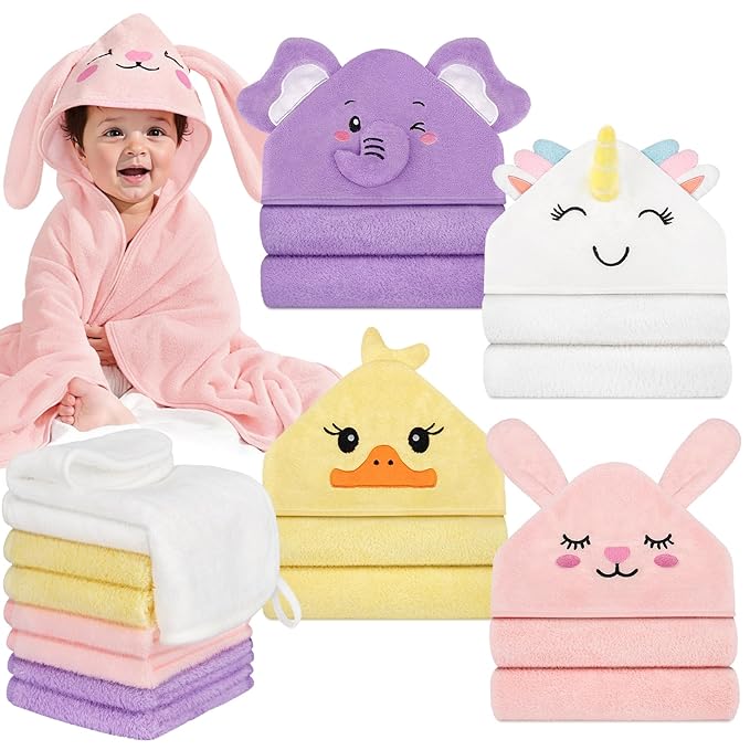 CandyHome 12 PCS Baby Bath Towels for Infants Toddlers, 4 PCS Animal Hooded Baby Towels & 8 PCS Washcloths Set, Ultra Absorbent Soft Cute Newborn Bath Essential Gifts for Boys & Girls