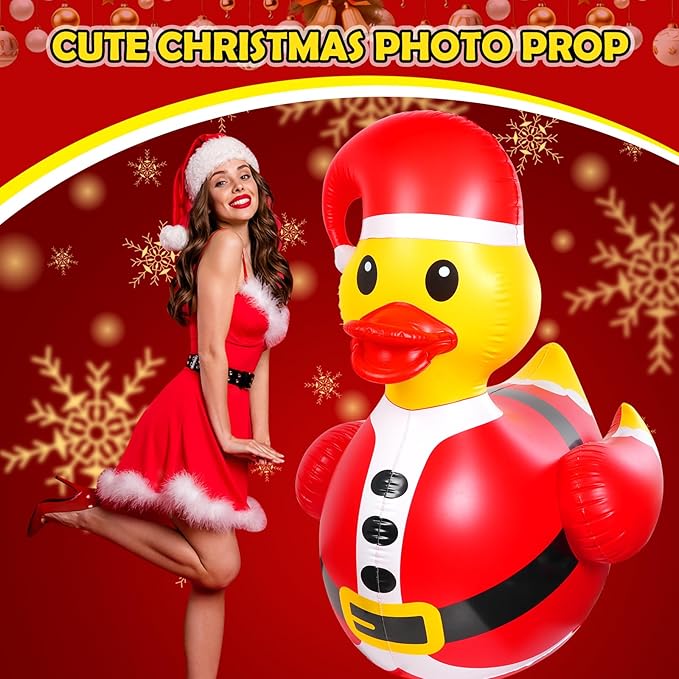 1 Pcs 4.6 Feet Christmas Giant Inflatable Snowman Duck Outdoor Decorations,Huge Blow Up Yard Yellow Duck with Red Snowman Cloth Pool Float for Indoor Christmas Holiday Party Garden Patio Lawn Decor