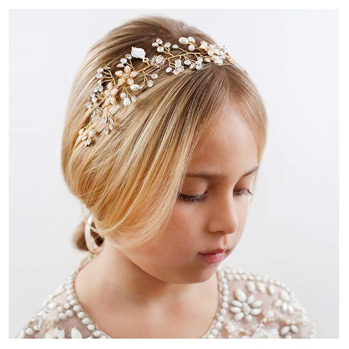 SWEETV Flower Girl Headband for Wedding, Baby Girl Flower Pearl Hair Piece, Gold Headpiece for Birthday Party, Photography