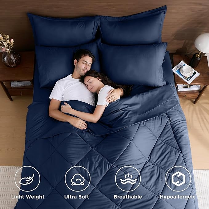 HEVUMYI Navy Blue Queen Comforter Set - 7-Piece All Season Bed in a Bag Queen, Ultra Soft Bedding Set with Comforter, Flat Sheet, Fitted Sheet, Pillowcases, Pillow Shams, Navy Blue