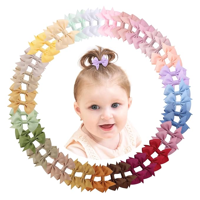 doboi 50PCS 2.5'' Baby Hair Clips Small Bows Fully Lined Grosgrain Boutique Solid Ribbon Small Bows for Girls Teens Infants Kids Toddlers Newborn (Gentle colors)