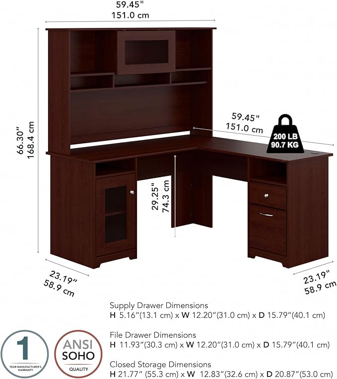 Bush Furniture Cabot L Shaped Computer Hutch, Corner Desk with Storage for Home Office, 60W, Harvest Cherry