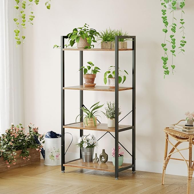 Casaottima Book Shelf, 4 Tier Bookshelf, Modern Wood Bookcase Shelves for Bedroom, Industrial Display Shelf for Living Room Home Office Kitchen, Standing Shelving Unit Storage Organizer, Vintage