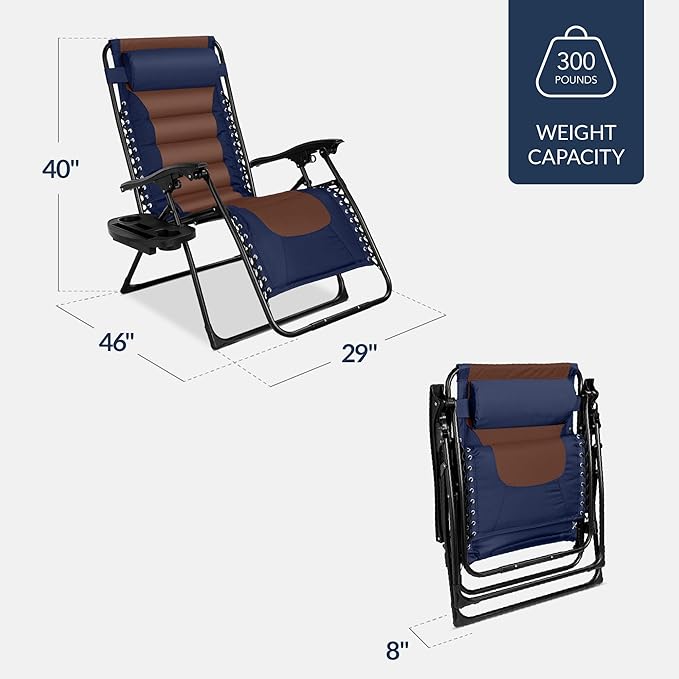 Best Choice Products Oversized Padded Zero Gravity Chair, Folding Outdoor Patio Recliner, XL Anti Gravity Lounger for Backyard w/Headrest, Cup Holder, Side Tray, Polyester Mesh - Navy/Brown