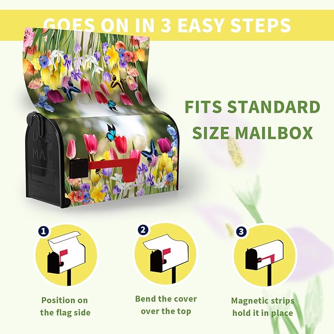 Spring Mailbox Covers Magnetic Tulip Flowers Mailbox Wraps Standard Size 18" X 21" Hello Summer Butterfly Floral Resistant Post Letter Box Cover for Garden Yard Home Outdoor Decoration