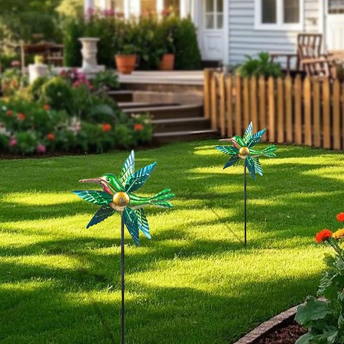 WONDER GARDEN Wind Spinners Outdoor - 2 Pack Small Metal Hummingbird Green Wind Spinner Windmill, Wind Sculpture for Yard Patio Lawn Decor