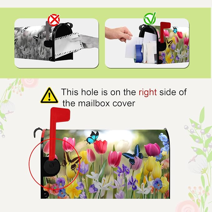 Spring Tulip Mailbox Covers Magnetic Oversized Spring Flowers Mailbox Wraps Large Size 25.5" X 21" Summer Butterfly Floral Resistant Post Letter Box Cover for Garden Yard Home Outdoor Decor