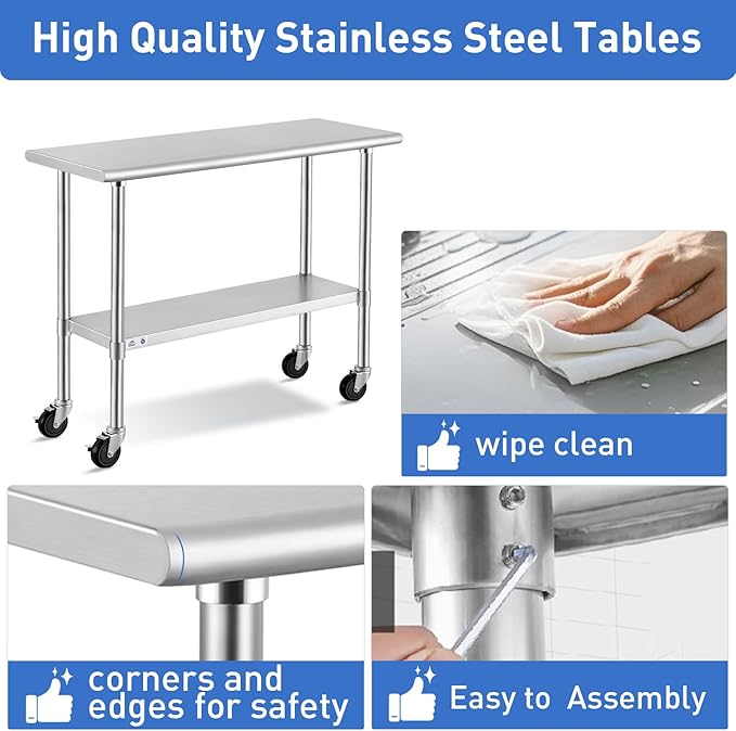 ROCKPOINT Stainless Steel Table for Prep & Work with Caster Wheels 14x24 Inches, NSF Metal Commercial Kitchen Heavy Duty Table with Adjustable Under Shelf and Table Foot for Restaurant, Home and Hotel