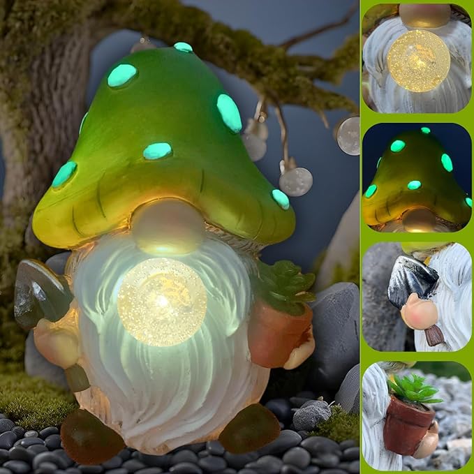 Solar Mushroom Gnomes Garden Statues Outdoor Decor with Night Glow,Cute Fairy Garden Statues for Yard,Pathway,Lawn Art Ornamen,Spring,Easter,Birthday Christmas Women Mom Gift Idea