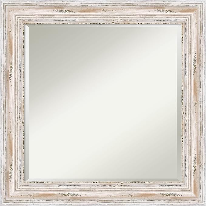 Amanti Art White Bathroom Mirror for Over Sink, 25x25 Alexandria White Wash Square Vanity Mirror, Medium Coastal Wood Frame, Hangs Horizonally and Vertically, Bathroom Wall Decor, Beveled Edge from WI