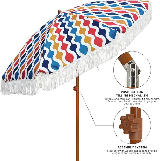 AMMSUN 7ft Patio Umbrella with Fringe Outdoor Tassel Umbrella UPF50+ Premium Steel Pole and Ribs Push Button Tilt, Wave Colorful