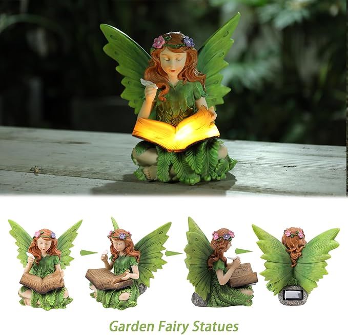 Fairy Garden Statues Outdoor Decor, Solar Fairy Lights Outdoor Lawn Ornaments Resin Sculptures Fairies Garden Decor for Outside Yard Art Patio Porch, Gifts for Women Mom