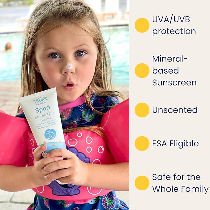 TruKid Sport Mineral Sunscreen SPF 30 - All Natural Kids & Baby Sunscreen for Face & Body, Non-Toxic Zinc Oxide Sunblock Protection for Sensitive Skin, Unscented, FSA Eligible, Travel Size 3.4oz