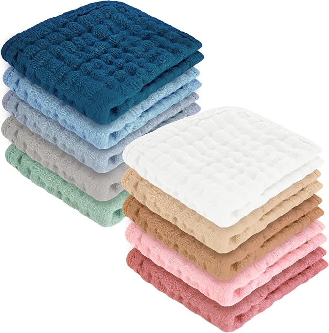 MIGIOL Baby Washcloths 100% Cotton Size is 12x12 inches. Lightweight, Portable, and Ideal for use at Home or on The go. (White & Blue 6 Pieces)