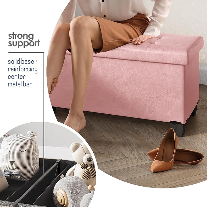 STORAGEBUD Storage Ottoman Bench with Bins, 43-in Storage Bench for Bedroom End of Bed, Folding Foot Rest Ottoman for Living Room Max 660lbs, Faux Leather Ottomans, Pink