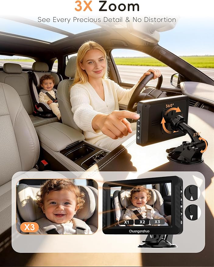 S100C Baby Car Camera USB Powered, Crystal Clear Auto IR Night Vision in Total Dark, Adjust Brightness & 1080P 5" IPS Monitor, 3X Zoom & 360° Rotating Backseat Camera for Rear or Forward-Facing Infant