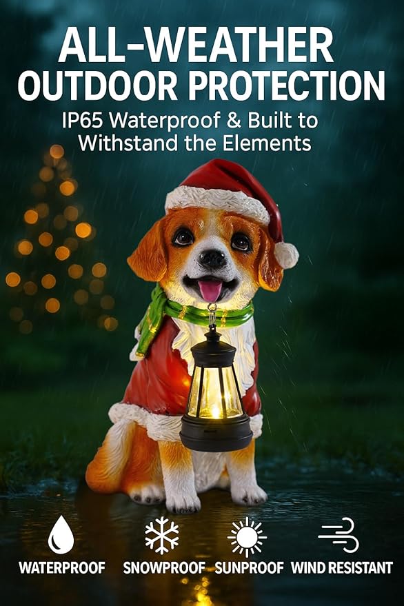 Christmas Dog Garden Statue with Solar Lantern – Santa Dog Figurine in Red Coat & Hat, Outdoor Christmas Yard & Porch Decorations, Balcony & Lawn Decor, for Dog Lovers